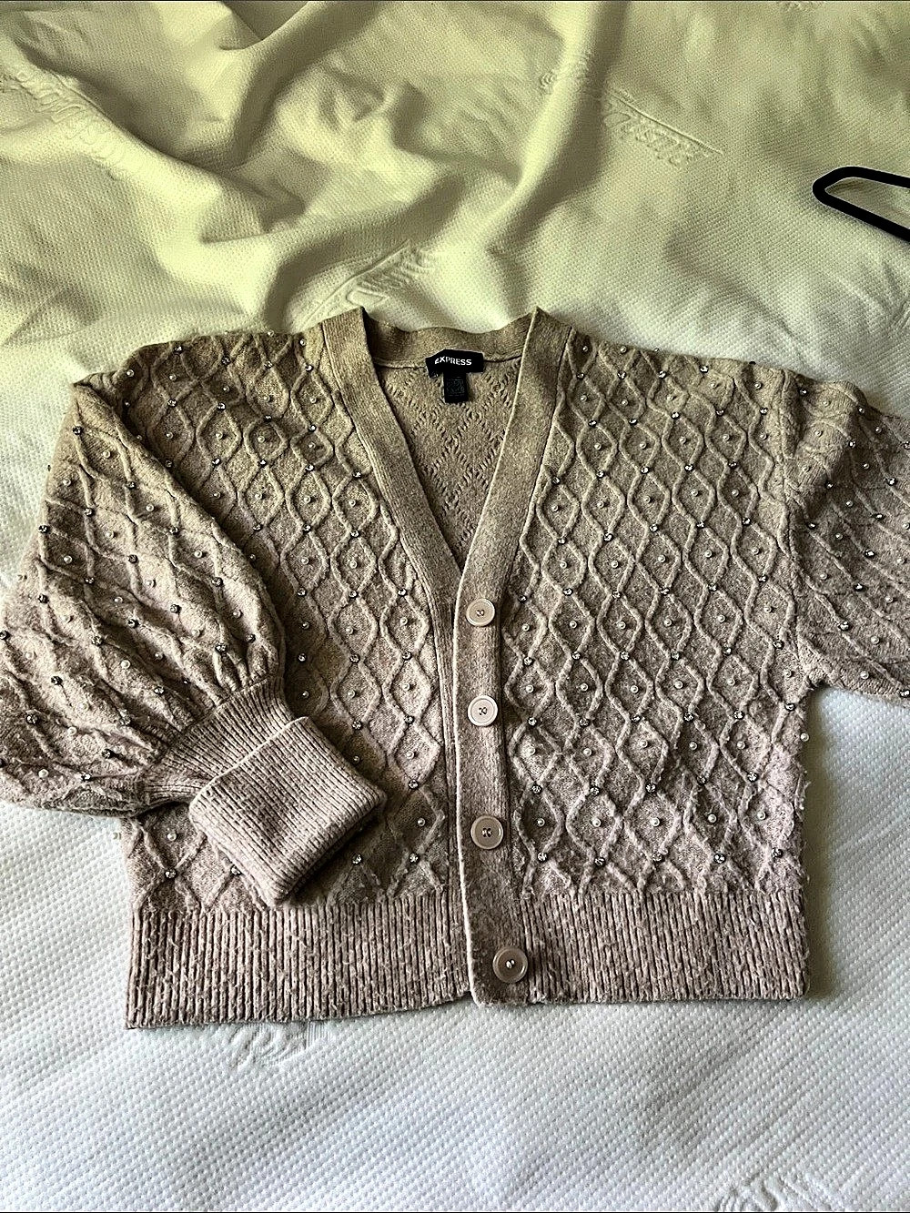 Express Pearl Embellished V-Neck Cardigan Brown Large